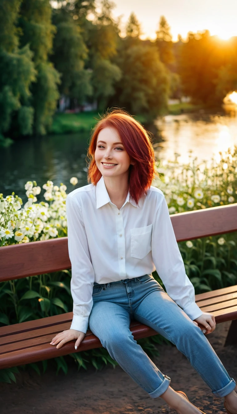 digital art, (girl, red_hair, flowers, baggy jeans, white shirt, discreet smile, cute look), (sitting on a bench, river in the background, golden hour),, by Daniil Suponitskiy jpegman