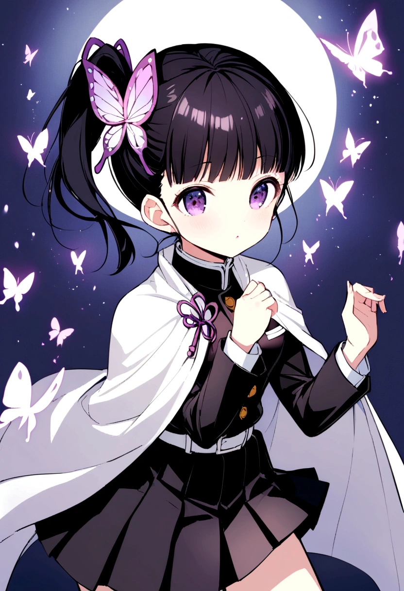 kanao tsuyuri, black hair, butterfly, butterfly hair ornament, (purple eyes:1.1), side ponytail, ponytail,
black skirt, cape, demon slayer uniform, long sleeves, pleated skirt, skirt, white cape