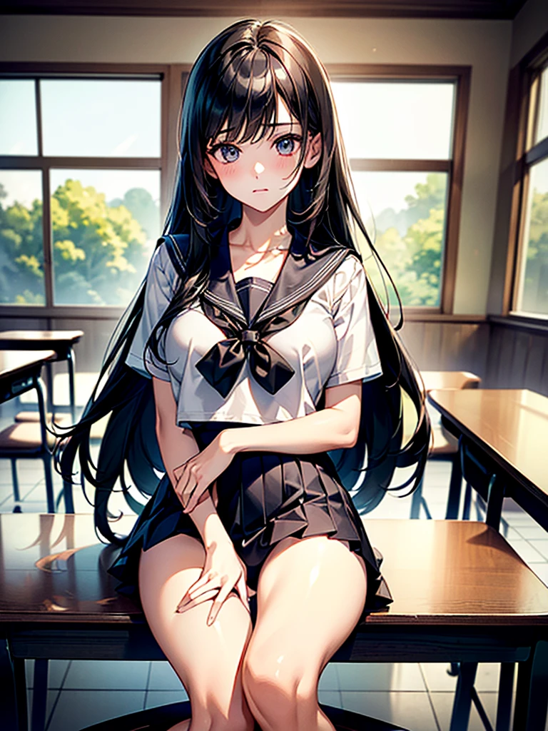 (masterpiece、Highest quality、High resolution、Highest quality、Realistic depiction)Created by Girl(whole body)、Long Black Hair、Beautiful Eyes、high school girl、Classroom after school、Showing her underwear from the front、Panty shot、Sailor suit、Big Breasts、Chest、M-shaped legs(Sit on a chair and open your legs to show your underwear)valley、Embarrassed