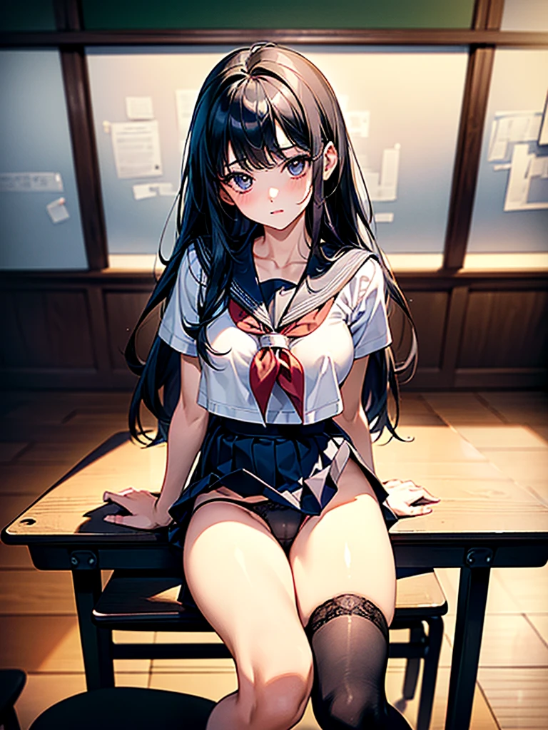 (masterpiece、Highest quality、High resolution、Highest quality、Realistic depiction)Created by Girl(whole body)、Long Black Hair、Beautiful Eyes、high school girl、Classroom after school、Showing her underwear from the front、Panty shot、Sailor suit、Big Breasts、Chest、M-shaped legs(Sit on a chair and open your legs to show your underwear)valley、Embarrassed