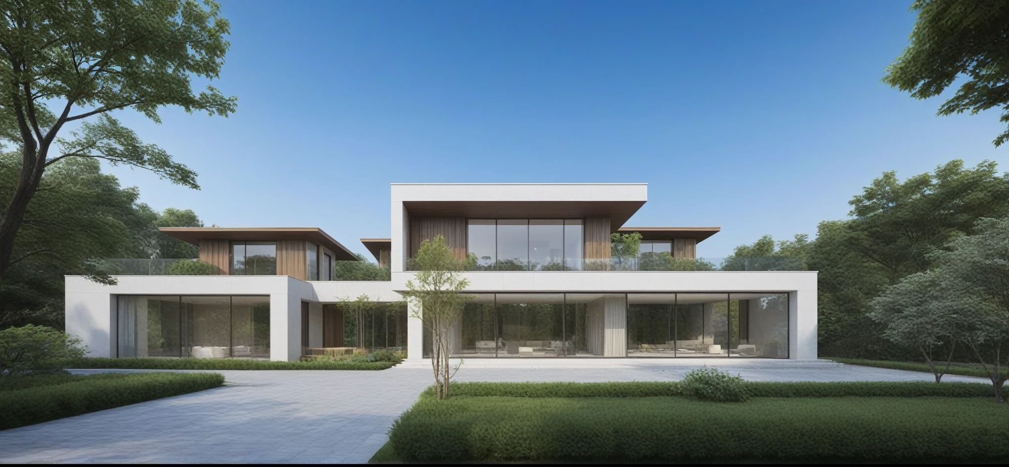 qlcd,tingyuan, photo of modern villa, grassland, garden, shrubs and trees, rock decoration, clear sky, sun light, realistic photo