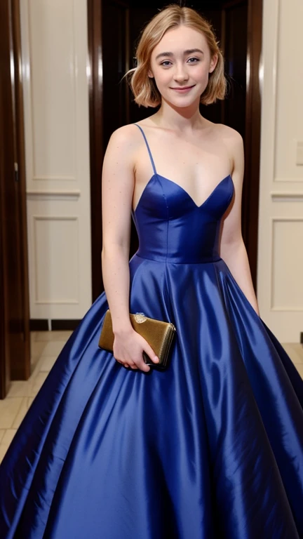 Saoirse Ronan wearing a tight low-cut ball gown and smiling sexy.