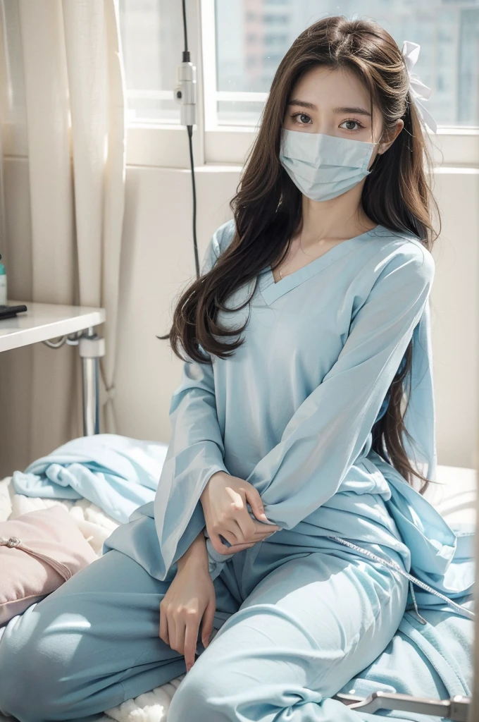 (((best quality))),(((ultra detailed))),(((masterpiece))),illustration,1girl,solo,slim,fragile,beauty,light blue hospital gown,sitting on the surgical bed,hospital operating room,contraceptive coil removal,anxiety,anticipation,long flowing hair,almond-shaped eyes,fair complexion,soft color,slender figure,tidy bow,sterile equipment,metal bed frames,healthcare professional,scrubs,surgical mask,spread legs apart