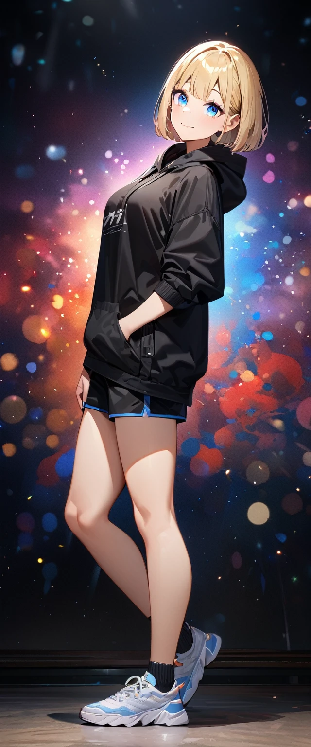 (((One girl))), blond hair, bob cut, (full body), (looking at viewer), breasts, ager, head tilt:1.3, (((blue eye))), (from side), hand in pocket, ((happy smile)), black hoodie, black shorts, high cut sneakers, ankle socks, anime style, (best quality, 4k, 8k, highres, masterpiece:1.2, ultra-detailed, ultra-detailed eyes, HDR, UHD, studio lighting, ultra-fine painting, sharp focus, physically-based rendering, extreme detail description, professional, vivid colors, bokeh)