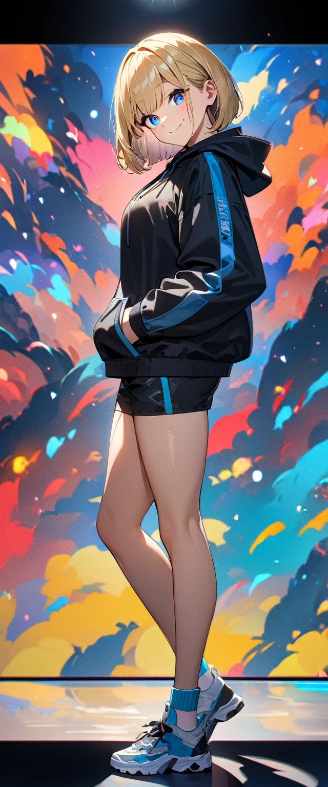 (((One girl))), blond hair, bob cut, (full body), (looking at viewer), breasts, teenager, head tilt:1.3, (((blue eye))), (from side), hand in pocket, ((happy smile)), black hoodie, black shorts, high cut sneakers, ankle socks, anime style, (best quality, 4k, 8k, highres, masterpiece:1.2, ultra-detailed, ultra-detailed eyes, HDR, UHD, studio lighting, ultra-fine painting, sharp focus, physically-based rendering, extreme detail description, professional, vivid colors, bokeh)