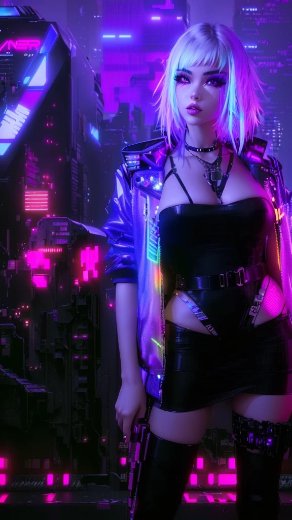 cyber girl in a short black dress and neon jacket posing in front of a neon city, cyberpunk vibe, cyberpunk aesthetics, in cyberpunk aesthetic, aesthetic cyberpunk, cyberpunk aesthetic, cyberpunk vibes, cyberpunk 2 0 y. o model girl, cyberpunk outfit, cyberpunk fashion, bright cyberpunk glow, cyberpunk high fashion, cyberpunk style, dreamy cyberpunk girl, cyberpunk style outfit, cyberpunk vibrant colors
