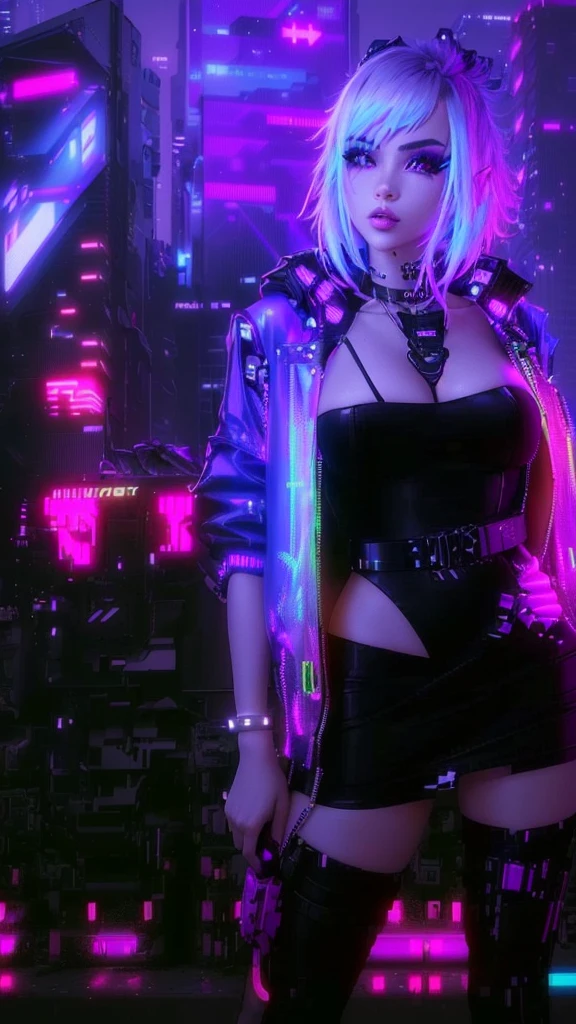 cyber girl in a short black dress and neon jacket posing in front of a neon city, cyberpunk vibe, cyberpunk aesthetics, in cyberpunk aesthetic, aesthetic cyberpunk, cyberpunk aesthetic, cyberpunk vibes, cyberpunk 2 0 y. o model girl, cyberpunk outfit, cyberpunk fashion, bright cyberpunk glow, cyberpunk high fashion, cyberpunk style, dreamy cyberpunk girl, cyberpunk style outfit, cyberpunk vibrant colors