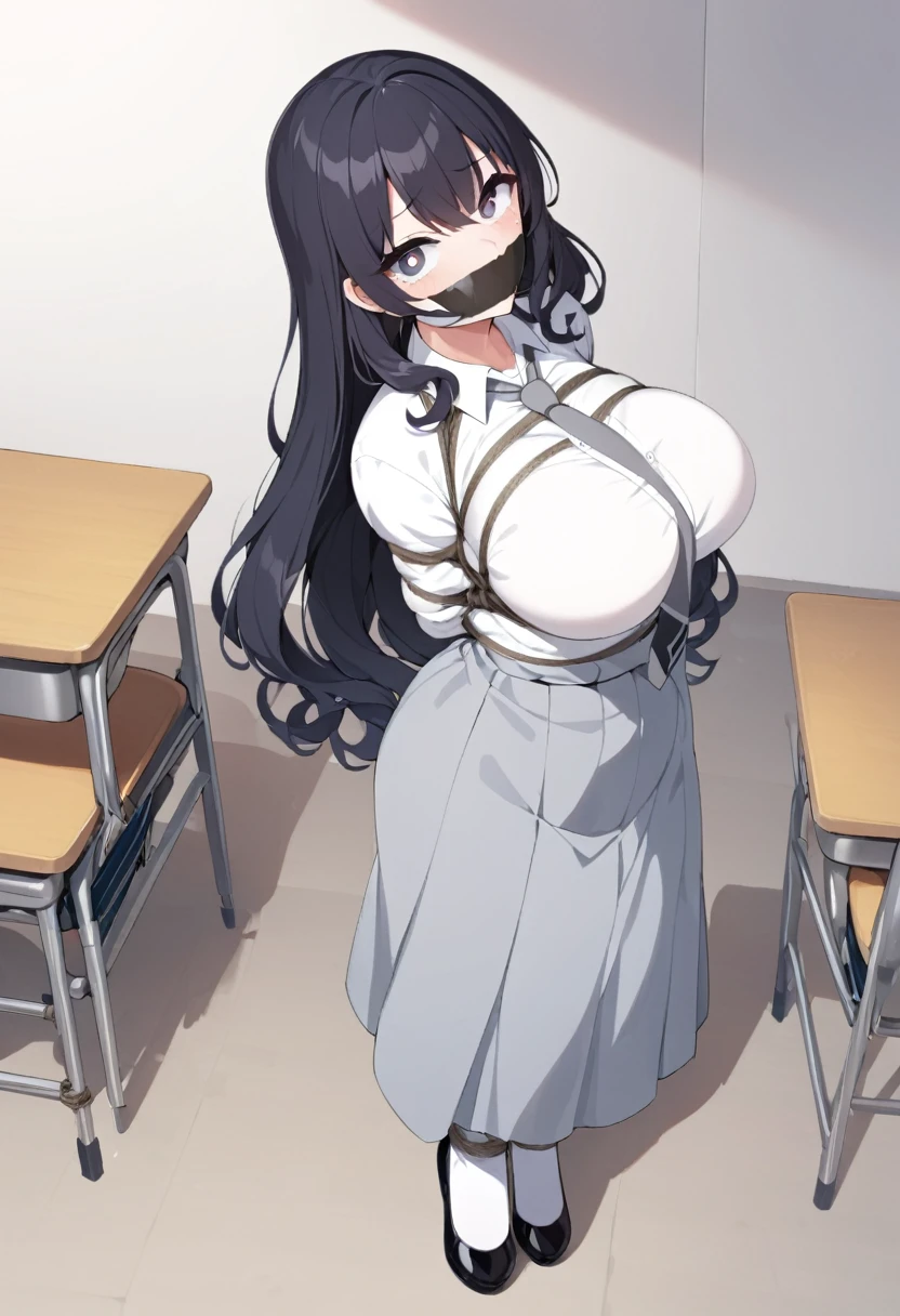1 woman, , black curly long hair, plump body, black eyes, Indonesian high-school uniform, white shirt, osis logo on shirt pocket, natural big breasts, light-grey long skirt, gray necktie,full body shot, , in the classroom,high-skirt,black hair,shoes,bound with an excessive amount of ropes), (bound wirsts), (arms behind back), (tapegag, tape gag), dramatic, (looking at viewer), (detailed pupils:1.3)
masterpiece, (best quality), perfect eyes, bound, bondage, (arms behind back:1.4), bdsm, tape gag, rope, rope bondage, close-up, restrained,curled up, best anatomy, full body, sturdy body