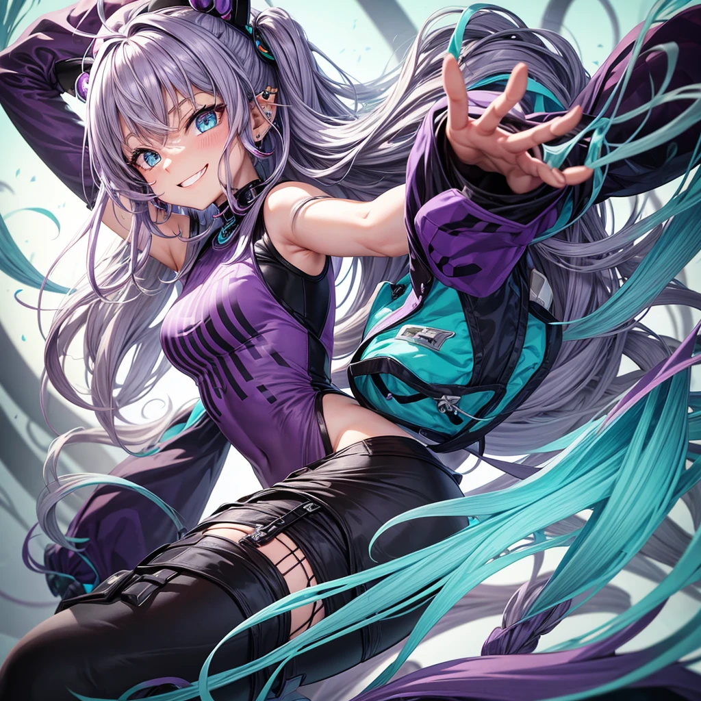 anime panel, , fully body, gray wavy hair with purple highlights, intense turquoise eyes, Grinning, Ear Body Piercing, casual outfit