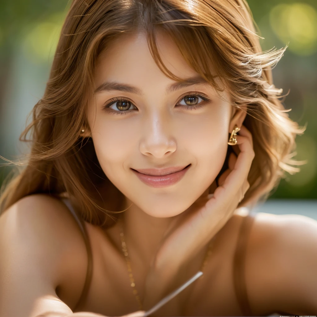 ((masterpiece, Top image quality, high resolution、solitary、Radiant Skin))(on the table, best quality, actual, Super detailed, meticulous, high resolution, 8k wallpaper), Close-up portrait of a beautiful woman, like, Smile, Light brown messy hair, Perfect dynamic composition, Beautiful and meticulous eyes, Like the cover of a fashion magazine, On Campus