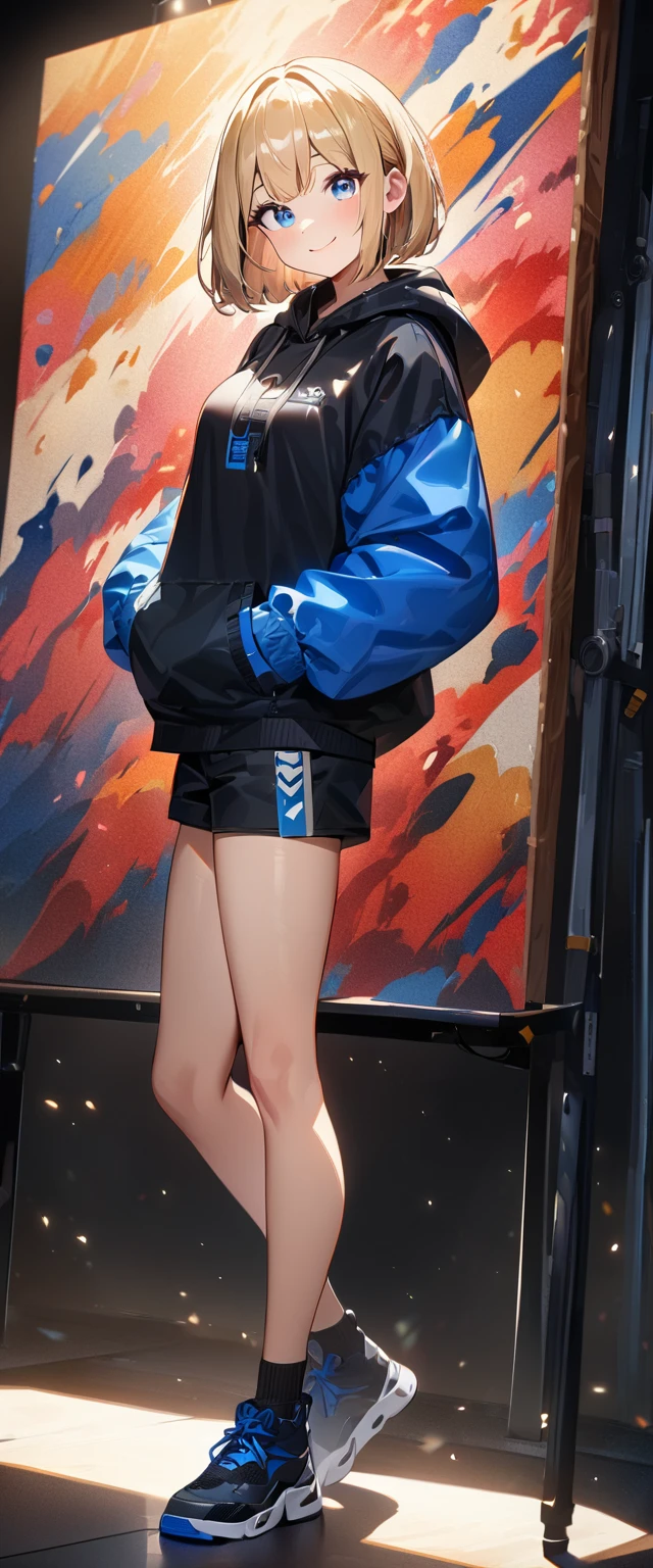 (((One girl))), blond hair, bob cut, (full body), (looking at viewer), breasts, ager, head tilt:1.3, (((blue eye))), (from side), hand in pocket, ((happy smile)), black hoodie, black shorts, anime style, (best quality, 4k, 8k, highres, masterpiece:1.2, ultra-detailed, ultra-detailed eyes, HDR, UHD, studio lighting, ultra-fine painting, sharp focus, physically-based rendering, extreme detail description, professional, vivid colors, bokeh)