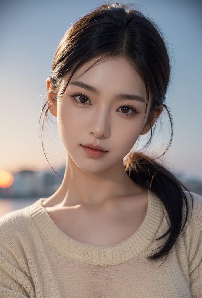 best quality, 超HD, (Reality:1.4),Sunset, Ponytail, Korean women, Detailed photos, Smile, Sexy, Black shirt, Face the camera, close up (masterpiece: 1.3), (8K, Reality, best quality: 1.4), (1 Girl), Pretty Face, (Realistic face), (Black Hair, short hair: 1.3), Beautiful hairstyle, Realistic eyes, eyes in beautiful detail, (Realistic skin), Beautiful skin, (sweater), absurd, attractive, Ultra-high resolution, Surreal, HD, Golden Ratio