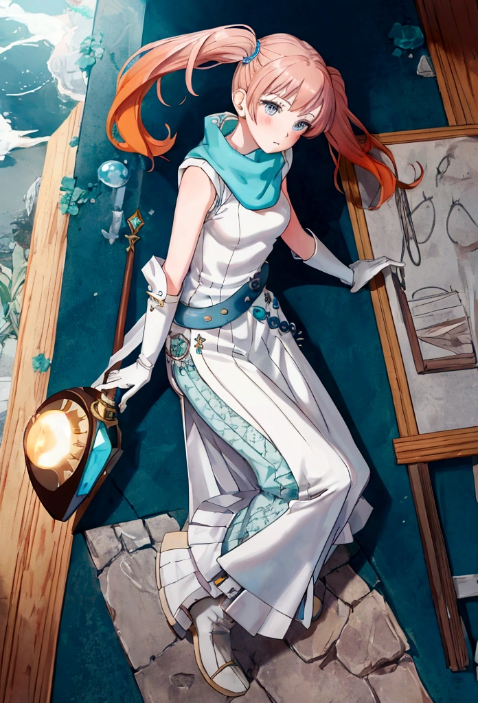 work of art, best qualityer, 2d anime style, White girl, short size hair, twin tails, light orange redhead, blush cheeks, turquoise eyes, long white dress with light blue details, silver details, sleeveless, elbow gloves, light blue scarf, waist belt, docile expression, Medieval theme, Priest Rpg, castle background, Healer, sky appearing, holding white scepter with blue details. fully body, concept art, Brown boots
