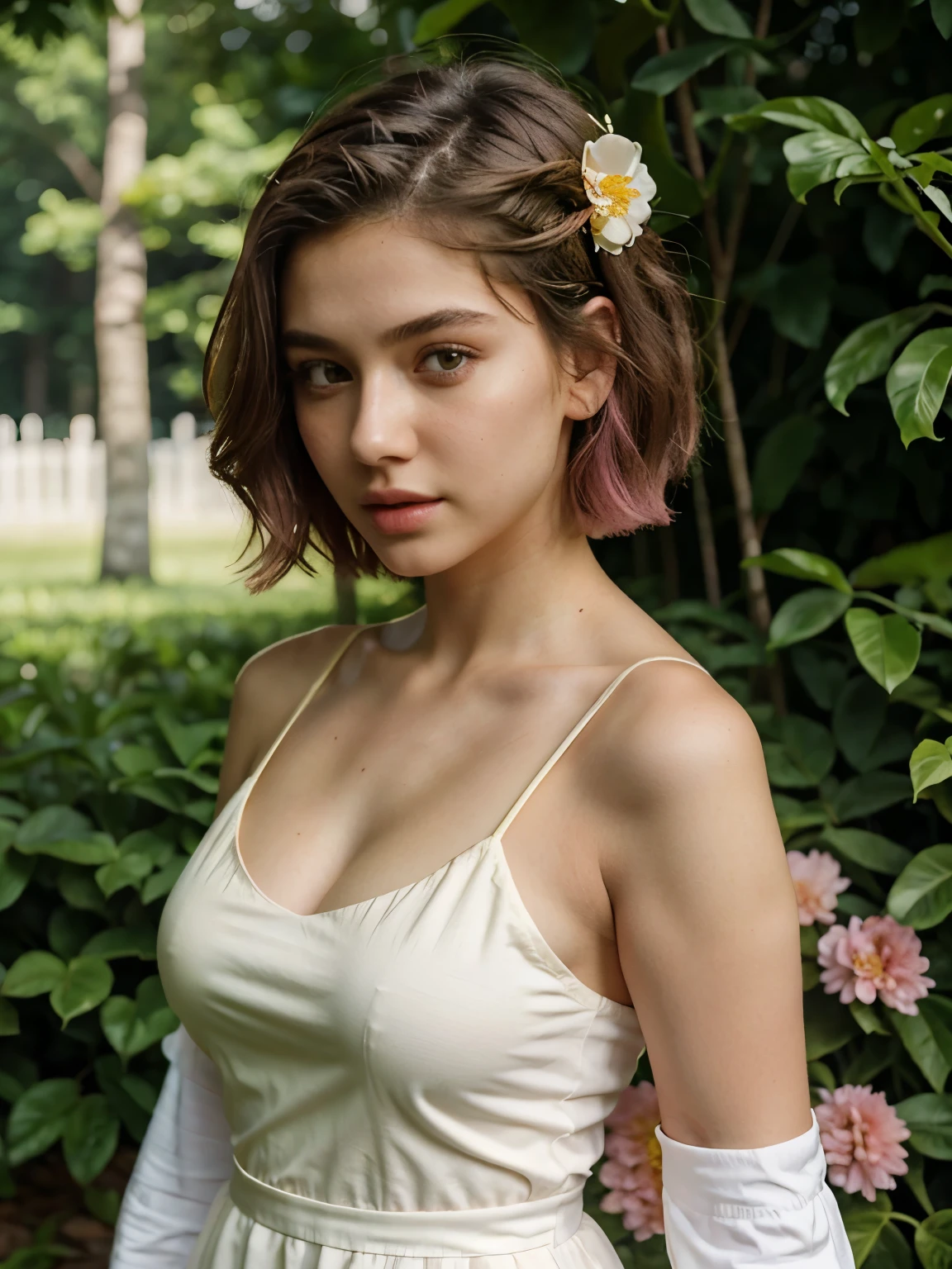 1 girl, influencer, name sophia, , edad16, Alone, (((HAIR SHORT))) ultra realistic, looking at the viewer, castaño, bare shoulders, with a flower in her hair ((golden eyes)), whole body, jacket green, dress, wiki, off the shoulders, park, ultra realistic, a sexy, beautiful, White skin, well detailed, pink cheeks, pink lips, Ultra sexy,