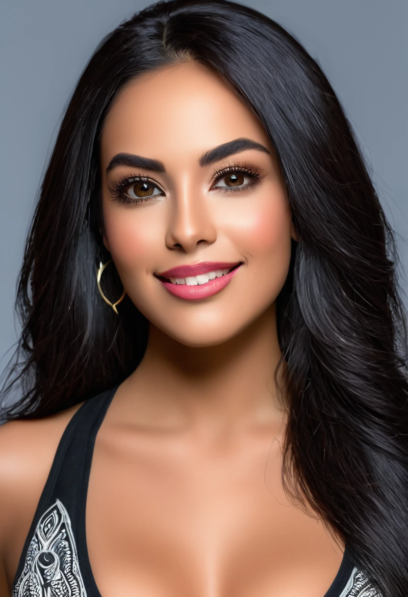 A beautiful woman, beautiful Latina face, Young Brazilian Nyvi Estephan, Brazilian supermodel, serene and elegant beauty, Angolan descent, young adult 30 years old, nerdy woman, tall woman, a stunning black woman, with indigenous features, beautiful indigenous girl, native Brazilian, ((An African girl indigenous European ebony)), ((her beauty is undeniable)), beautiful young ebony with dark skin, tanned Mexican, long black hair, straight black hair, has an exotic beauty with beautiful eyes, realistic eyes , bright eyes, ultra detailed eyes, ultra realistic eyes, natural eyes, ultra detailed iris, perfect eyes, perfect iris, hyper realistic eyes, eyeliner, long and defined eyelashes, penetrating look that conveys confidence, striking, powerful expression, strong presence, striking makeup, full, voluminous lips, seductive lips, captivating, striking, unforgettable, dazzling, mischievous smile, wide smile, your features are captivating, subtle smile on your lips, beautiful and detailed face, detailed skin texture, Notice your shaped eyebrows perfect shape, which arch gracefully above the eyes, a small nose that is proportionate to the face and the soft contour of the face that accentuates the high cheekbones. Beautiful and glowing skin, intricate details, smooth skin, healthy and radiant appearance, Attractive slim woman, Average bust, Average and beautiful breasts, athletic physique, flat stomach, slim waist, huge hips, wide hips, big ass, thick thighs, legs shapely Concept art .3D 4k, high resolution, full sharpness photo realistic, breathtaking, Lentille nette, Photographie professionnelle, Objectif 70mm, Unreal Engine 5, wallpaper, colorful, art, (Hdr: 1.5), hyperdetailed, (ArtStation: 1.5) rich color, hyper-realistic, realistic texture, (dramatic lighting), Cinestill 800