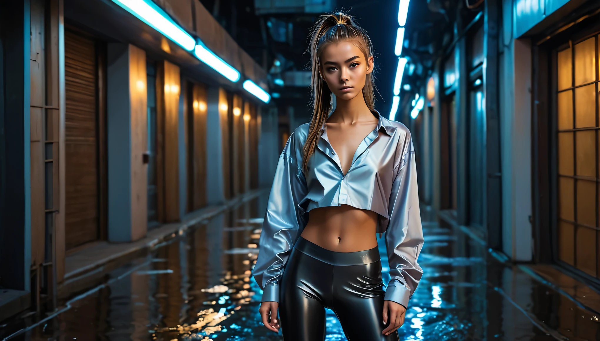 Top Quality, Masterpiece, High Resolution, 8k, (((cute skinny barely legal girl in oversized Taffeta shirt and wetlook leggings, bare belly, wide neckline, deep neckline, small perky breasts, beautiful detailed eyes, beautiful detailed lips, small closed mouth, extremely detailed face, long ponytail hair, small hips))), cyberpunk apartment, moody atmosphere, dramatic and random neon colors, futuristic setting, intricate details, at night, backlit, full body shot, view from distance 