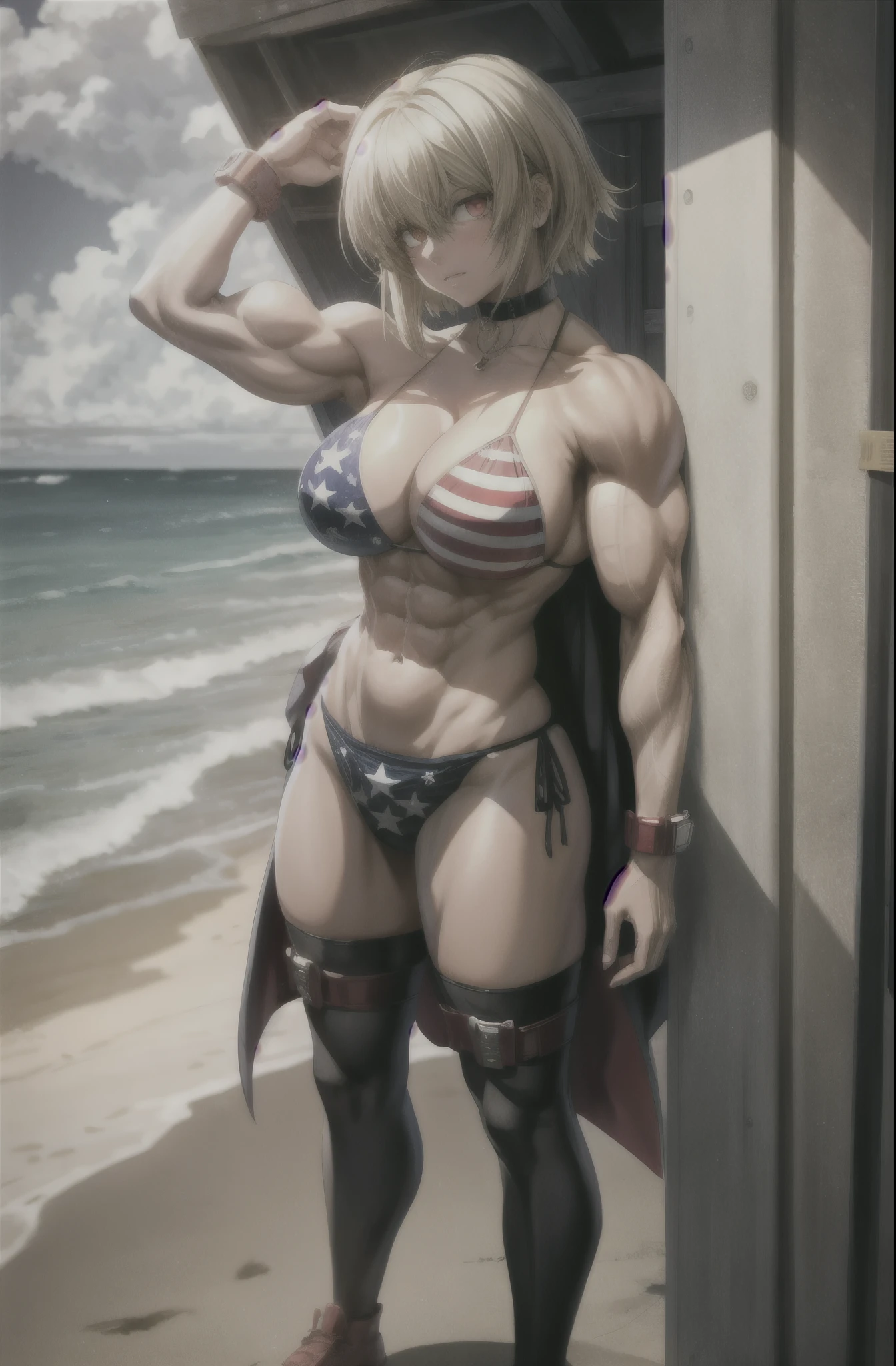 score_9, score_8_up, score_7_up, hellsing,, Seras_victoria, 1girl, solo, outdoors, beach, flag bikini, american flag bikini, American flag, tomboy, shy, blush, gyaru, standing, choker, looking to the side,muscular:1.5,muscle