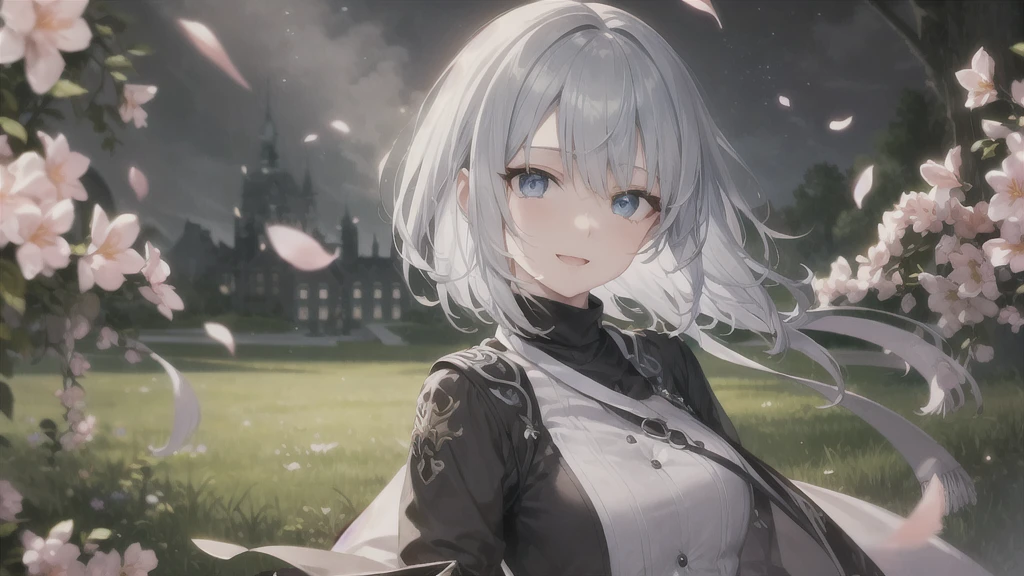 Her eyes were shining、Mysterious and enchanting atmosphere。With AI Painting、とてもShort Hair, Long bangs between the eyes, Grey Eyes , Very detailed,(masterpiece、Highest quality)、alone、Gray Hair、Fantasy, Silver Hair, Beautiful Eyes,Ecstasy, charm, attract the audience, Fantasyな風景、White shirt、smile、Open your mouth、Scarf、short hair、Short Hair、hairpin、Dark Eyes、Anime Eyes、Beautiful eyes、Eyes written in detail