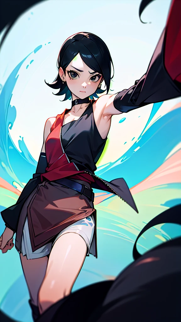 ((Matserpiece)), best quality, highres, Sarada, age up, mature, adult, time skip, sort hair, thin glasses, bare shoulder, black jacket, tube top, black tube top, simple back grounr, sexy pose, black eyes, black hair, close up, earing, collarbone, uchiha symbol earing, very short hair, tomboy hair, tomboy, long tube top, choker, (boruto two blue vortex), half body, belt, skirt,