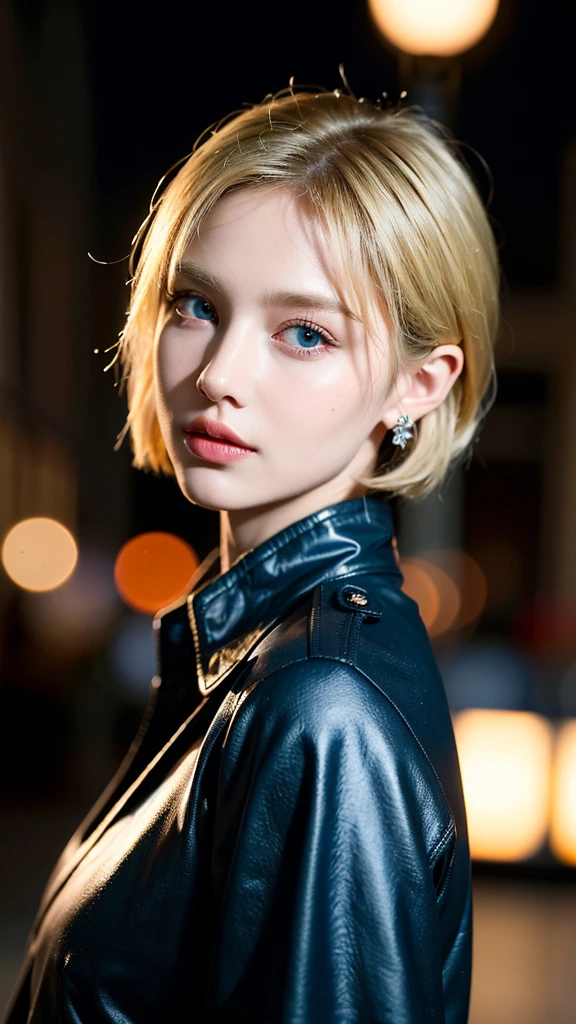 ((Best Quality, 8k, Masterpiece: 1.3)), Focus Sharp: 1.2, Outstanding Beauty: 1.4, Blonde, blue eyes, police uniform, black coat, (Night City, Street: 1.1), bob cut hairstyles, Earring, Highly Detailed Face and Skin Texture, Detailed Eyes, Double Eyelids,