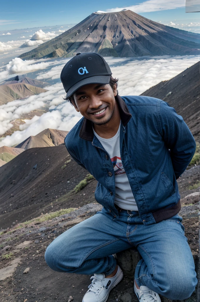 Indonesian male, 35 years old, clean oval face, cubby body, brown skin, smiling, wearing hat, blue jacket, jeans, cats shoes, both hands supine, whole body, at the top of Mount Semeru, visible behind the crater , distant mountains, and white clouds, photo from above, realistic photo, full HD