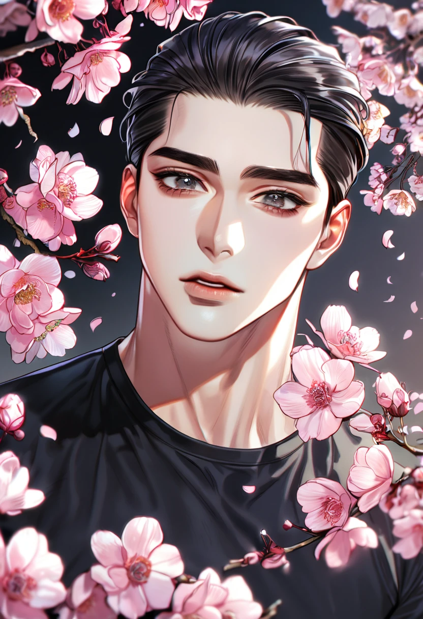 absurdres, highres, ultra detailed, HDR, master piece, best quality, perfect eyes, defined appearance, Joo Jaekyung, black hair, slicked back, ruffled, expressive gray eyes, Jinx, solo, sexy man, handsome, black tight T-shirt, blossoms, pink flowers, pink petals 