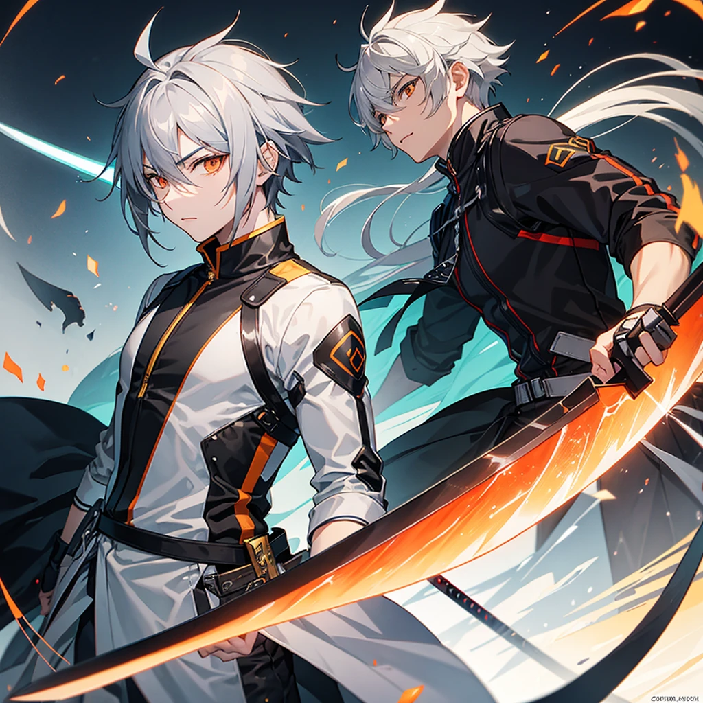 Male character with gray hair and orange eyes with sword 