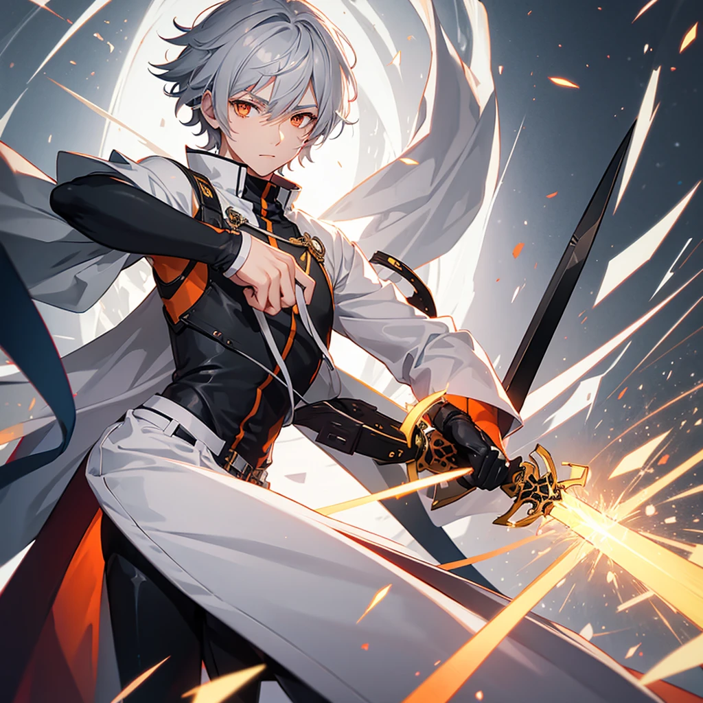 Male character with gray hair and orange eyes with sword