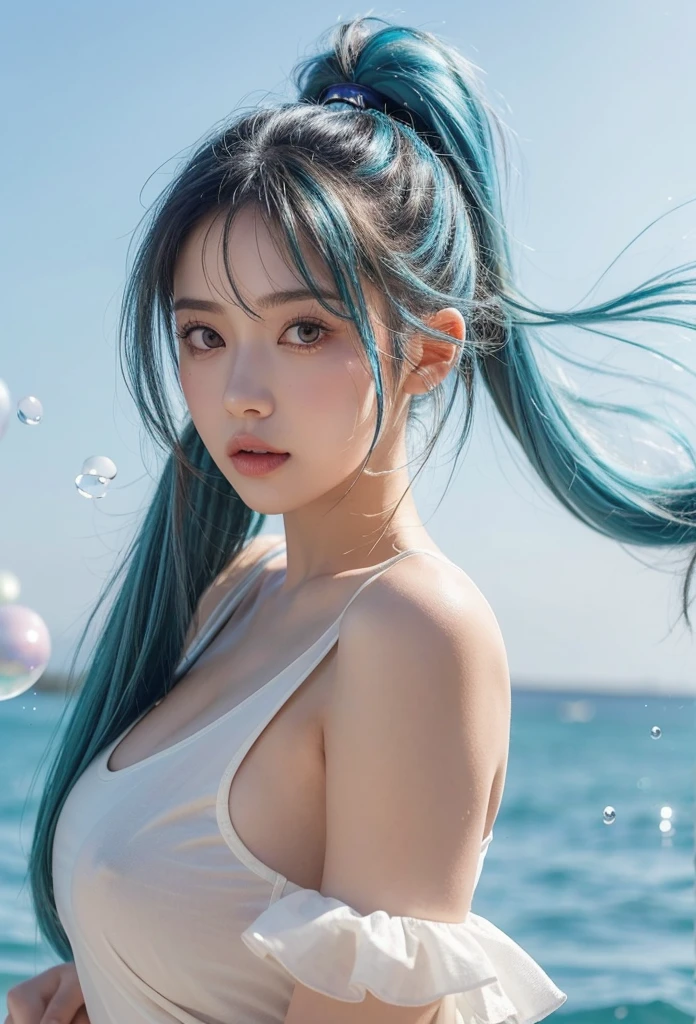 (masterpiece), (best quality), (Extremely detailed),(Messy hair),(illustration), (1 Girl), (Fashion), permanent, fashion model, Looking at the audience, (interview), (Simple background),Beautiful and delicate eyes, Delicate and beautiful face, floating,(High Saturation),(Colorful splash),Colored bubbles,(shining), Focus on the face, Ponytail, Kamisato Ayaka, Light blue hair, Bangs, Hair ring, Floating flowers, Floating hair, (shining), Optimal lighting, The best shadow,