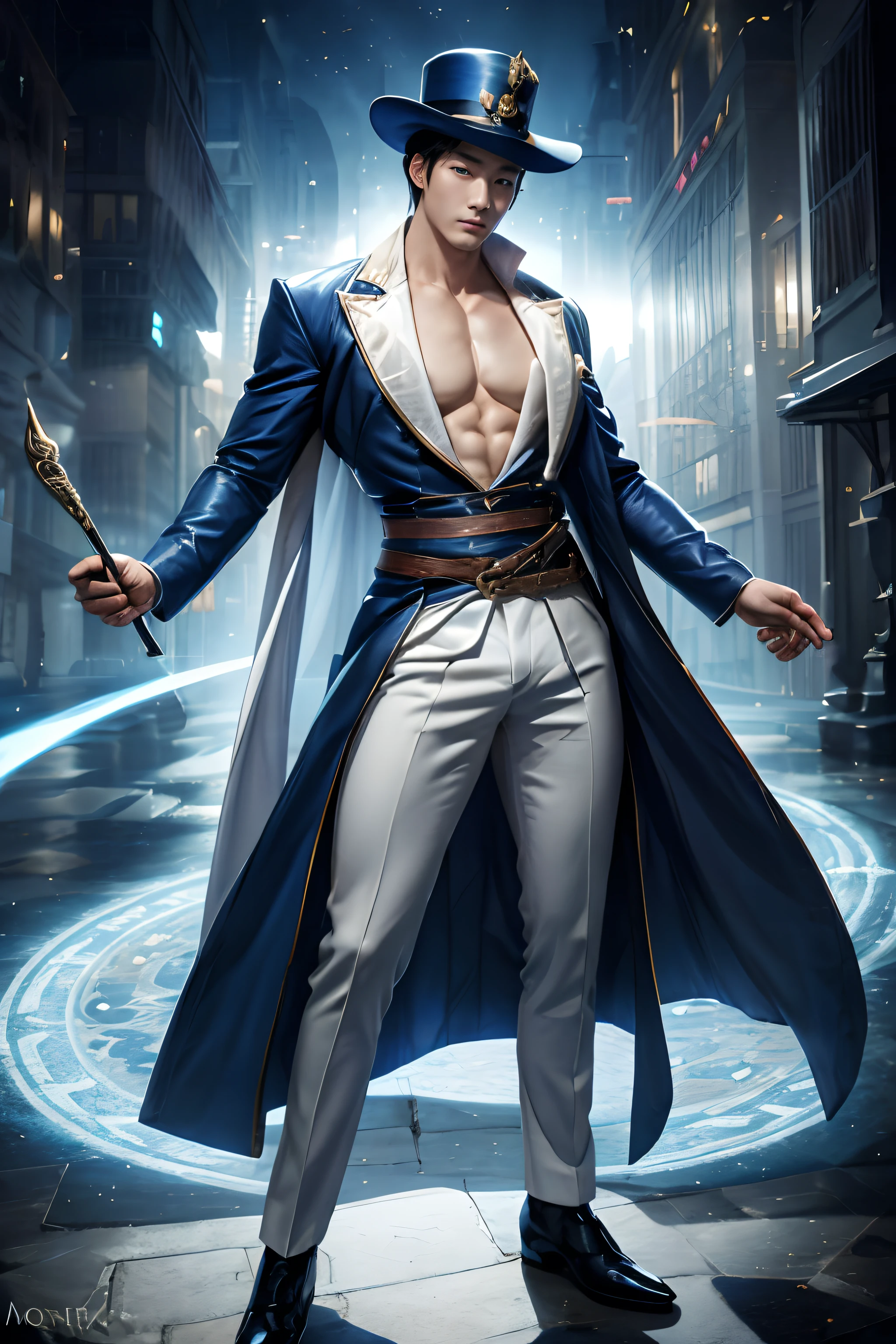 1 Korean Man, 25, alone, Masterpiece, perfect face, muscular body, full body, (bare chest), (bare chest), muscular chest, abdomen, Detailed tail shirt, monocle, have, short hair, beautiful blue eyes, perfect hand, glove, ท่าทางที่เข้มงวดและhaveชีวิตชีวา, employee, Nardak, magic city background, with magic circle, background radiation