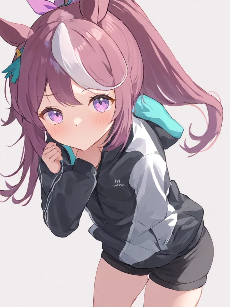 1girl, solo, mejiro_mcqueen_\(umamusume\), long_hair, animal_ears, jacket, horse_ears, purple_eyes, white_background, purple_hair, simple_background, black_jacket, looking_at_viewer, shorts, long_sleeves, bangs, horse_girl, track_jacket, hand_in_pocket, closed_mouth, blush, swept_bangs, aqua_ribbon, cowboy_shot, black_shorts, short_shorts, thighs, ear_ribbon, ribbon