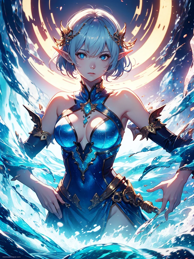 comely, detailded, Masterpiece artwork, Workspace, 8K, 4K, caves, crystallized, Crystal Elf, Woman, Eyes of the ocean, Fantastic, incredible quality, illuminated lighting,