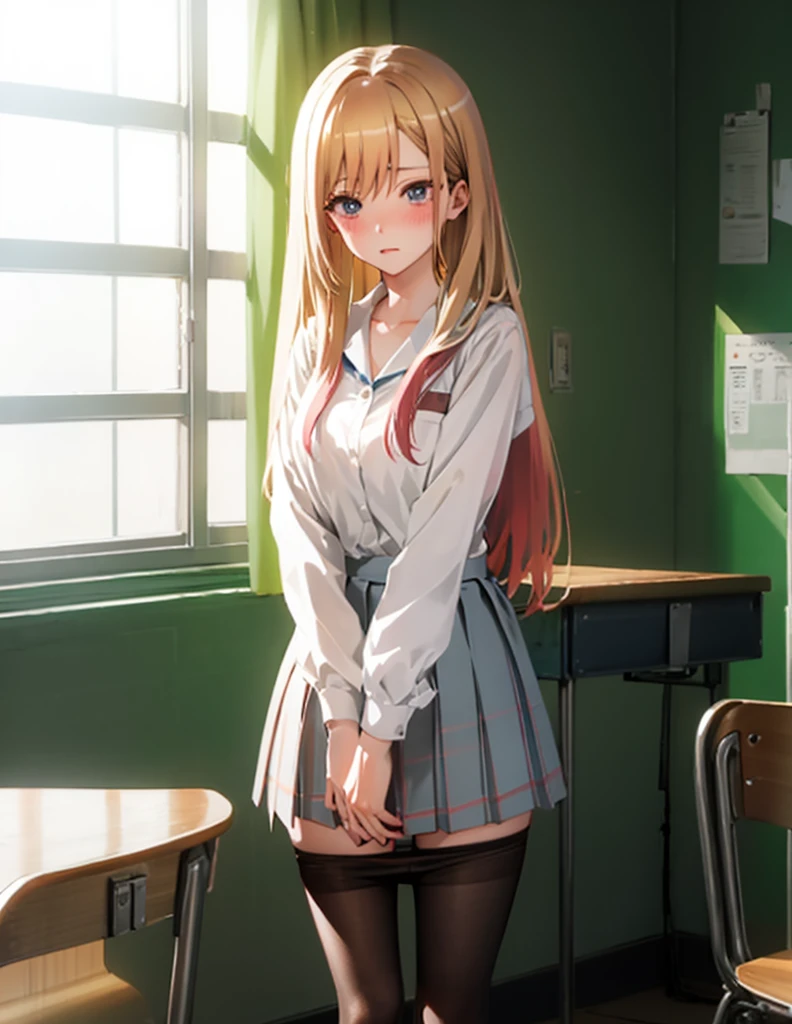 Chestnut Hair、Semi-long hair、Blushing、lipstick、Perfect hands、Detailed hands、pantyhose pull,panty pull、classroom、School、blackboard、school uniform、日本の、