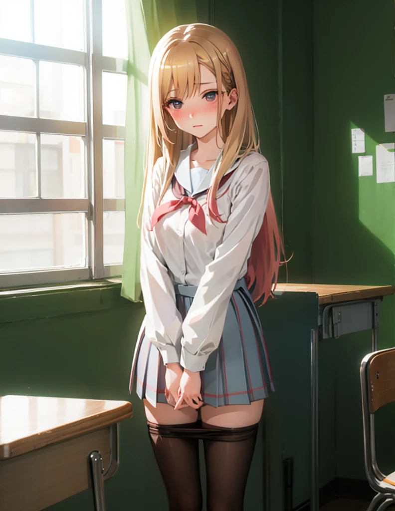 Chestnut Hair、Semi-long hair、Blushing、lipstick、Perfect hands、Detailed hands、pantyhose pull,panty pull、classroom、School、blackboard、school uniform、日本の、