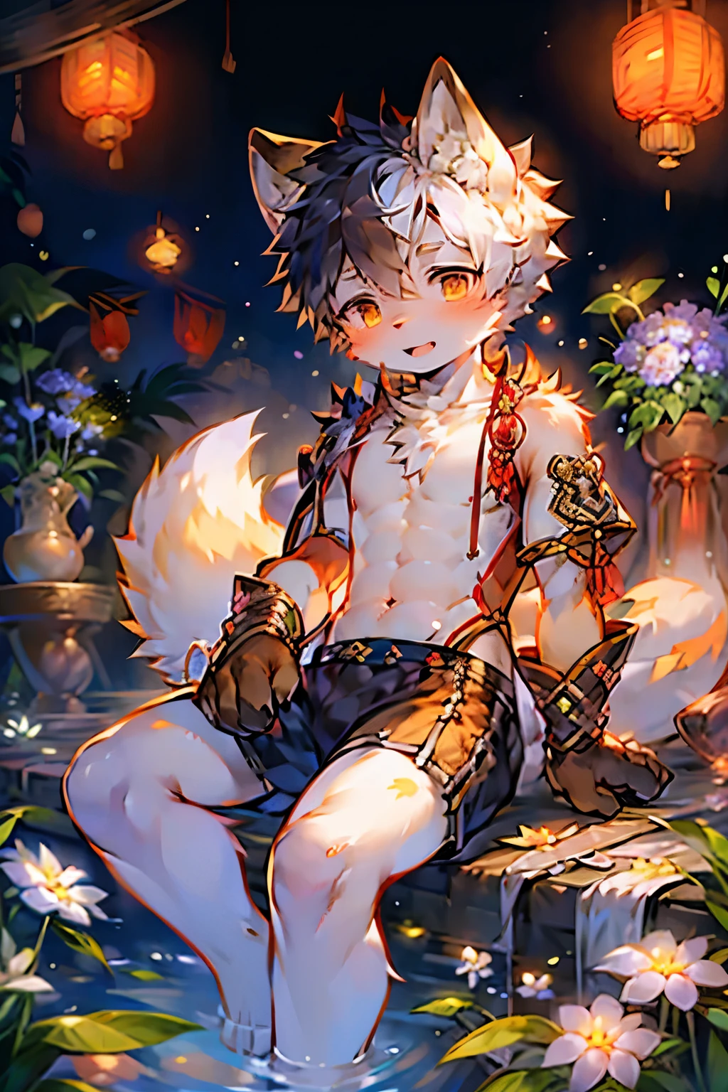 Fox Boy，furry men，Male focus，Characteristics of three-year-old boy，One meter three height，White Arm，Traditional Chinese Hanfu，Sitting among the flowers