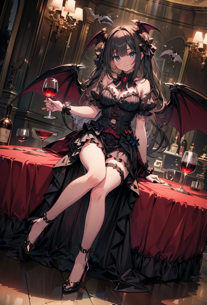 masterpiece, best quality, high resolution, extremely detailed CG, absurdres, highres, 1girl, solo, a vampire girl in gothic costume, sat at a round table with a brandy glass filled with red wine, bat_wings on head, heels, frills, luxury hall, Colorful portraits