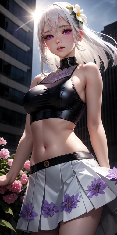 realistic, 1girl, white hair, purple eyes, glowing eyes, crop top, skirt, parted lips, blush, night, flowers, sun, sunlight,