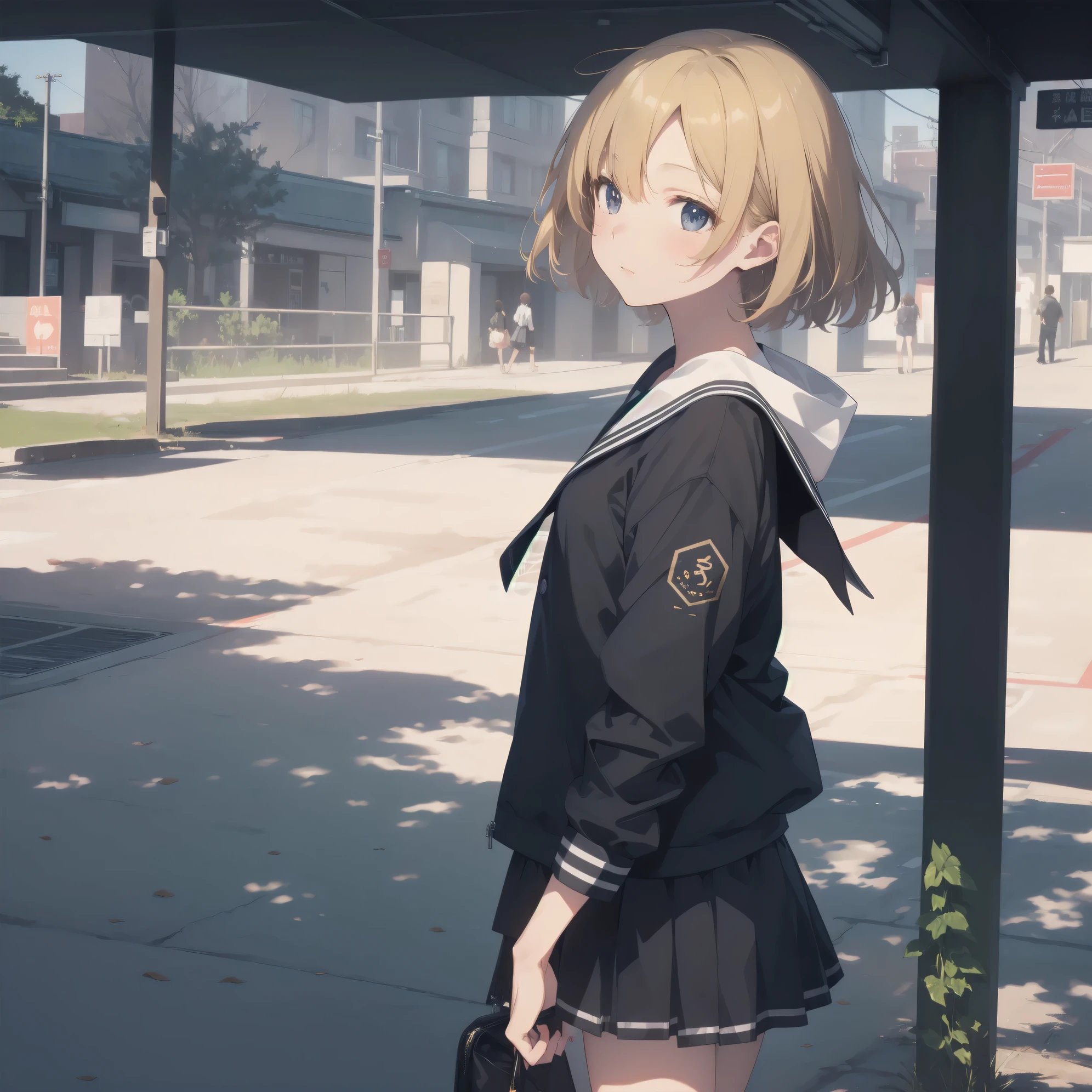 ultra-absurdres-Top quality by artist God, ultra-detailed, high resolution, anime moe artstyle, best anime 8k konachan wallpaper, pixiv contest winner, pool:2810, perfect anatomy,break, 1girl, (Please draw a girl walking sleepily to school alone. )break,(Solo,little female, 13-year-old:1.3),Full limbs, complete fingers,a junior high school student, (very short hair), short cut, flat chest, , small butt, small black eyes, beautiful detailed eyes, well-proportioned iris and pupils, expressive eyes, highres detailed hair, soft expression, salor school_uniform, sailor collar, serahuku, bow, pleated skirt,(Detailed Lighting), (Detailed background), in the School commute route. break,super detailed skin, Best cinematic lighting powered by famous artist, 8k,beauty illustration,photoshop_(medium),very aesthetic,break,((artist:saiguchi_otoufu )), artist:clamp ,artist:carnelian ,artist:kantoku ,