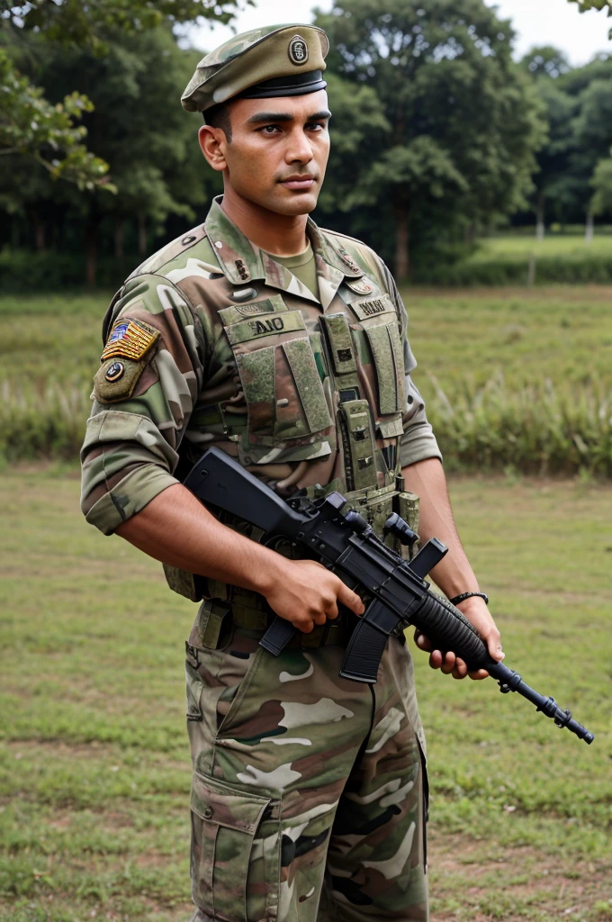 A army man stand in a land with armed forces