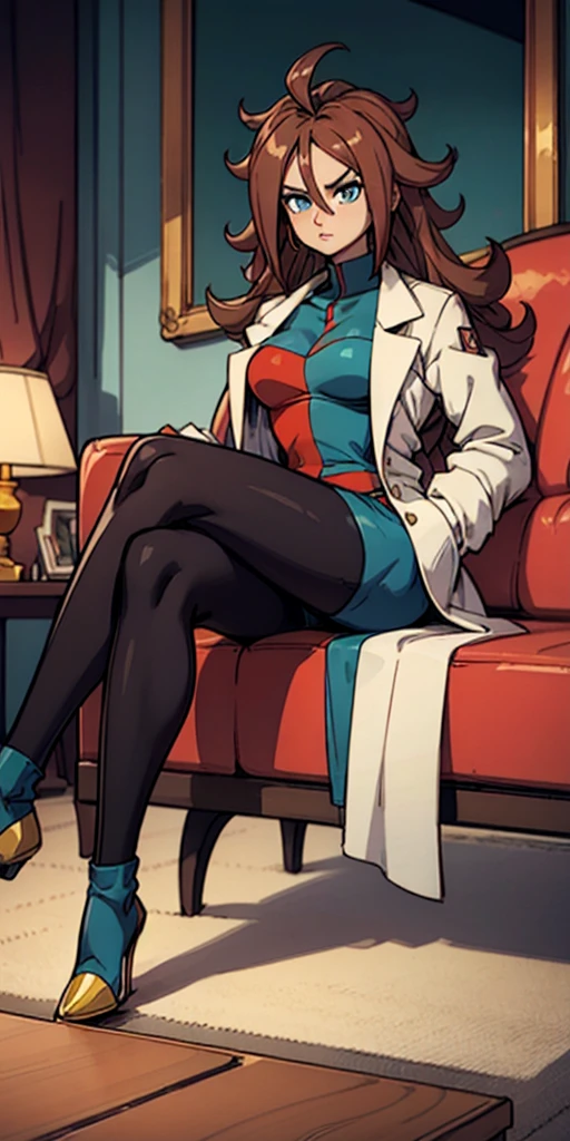 android 21, cups, long brown hair, blue colored eyes, plaid dress, lab coat, pantyhose, gazing at viewer, serious, sitting down, he sofa, cross legs, cozy living room, light bulb, high qualiy, work of art, 