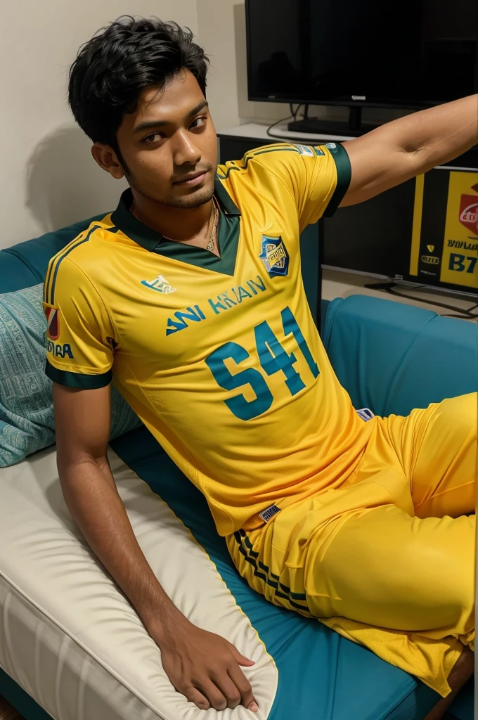 18years"boy" wearinga " csk" ipl,2024 jersey with the name "Subrata" and the number 7 printed on. The person is sitting on a dart surface, possibly a har bed, and watching IPL cricist on a at couch s screen television Rectatic pictures, is petures "Subrata