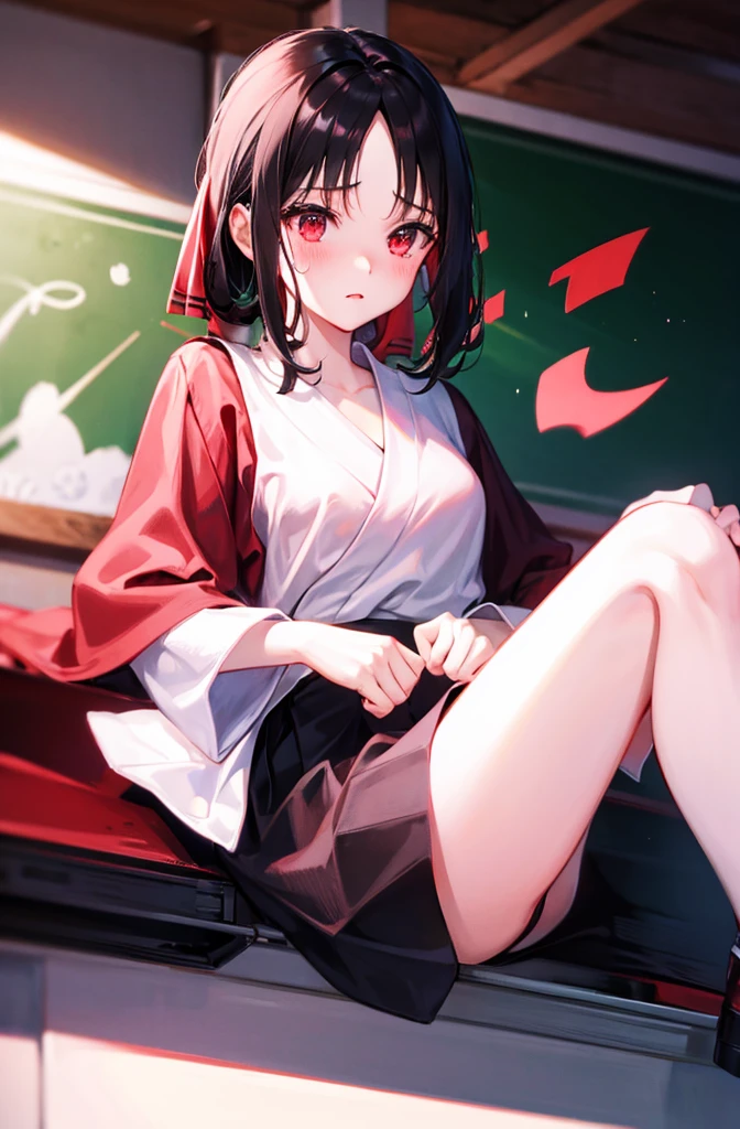 Black Hair、、Blushing、Red eyes、Japanese 、Bra is visible、classroom、Pull down your panties、Leaning forward、blackboard