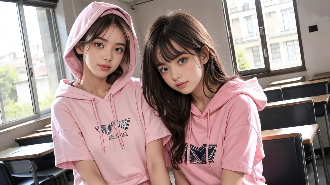 deux femmes ensemble de 18 ans sexy et mince , pink short sleeve hoodie , salle de classe, se touche,position sey,sensuel