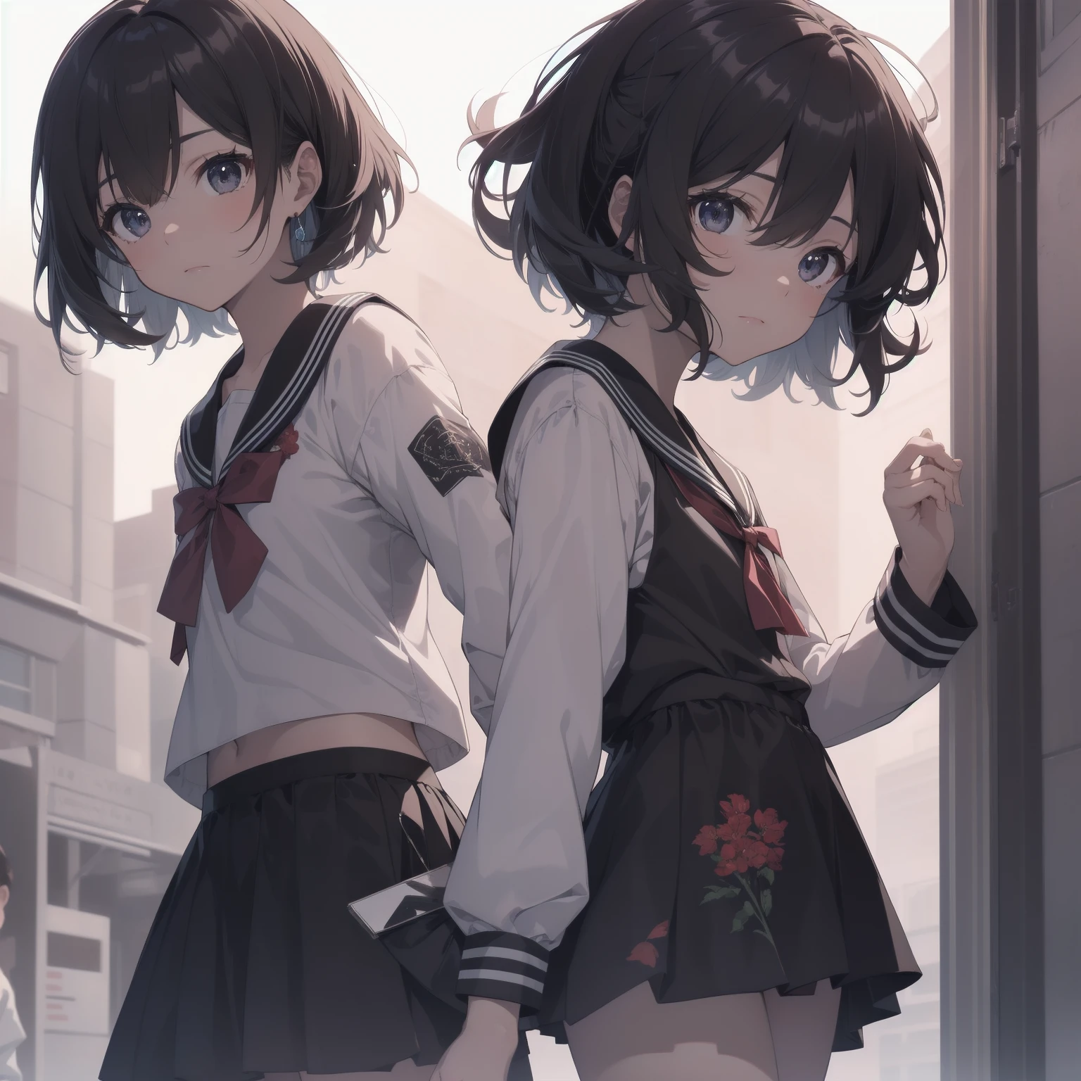 ultra-absurdres-Top quality by artist God, ultra-detailed, high resolution, anime moe artstyle, best anime 8k konachan wallpaper, pixiv contest winner, pool:2810, perfect ???????,break, 1girl, (Please draw a girl walking sleepily to school alone. )break,(Solo,little female, 13-year-old:1.3),Full limbs, complete fingers,a junior high school student, (very short hair), short cut, flat chest, , small butt, small black eyes, beautiful detailed eyes, well-proportioned iris and pupils, expressive eyes, highres detailed hair, soft expression, salor school_uniform, sailor collar, serahuku, bow, pleated skirt,(Detailed Lighting), (Detailed background), in the School commute route. break,super detailed skin, Best cinematic lighting powered by famous artist, 8k,beauty illustration,photoshop_(medium),very aesthetic,break,((artist:saiguchi_otoufu )), artist:clamp ,artist:carnelian ,artist:kantoku ,