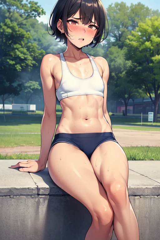 NSFW,((highest quality)), (masterpiece: 1.2), very detailed,(perfect and beautiful posture:1.2),(Solo,mature man),(short cut hair),(flat chest:1.4), ((confused,embarrassed and blush:1.3)), shyness:1.1, (Sweaty, sunburned skin:1.4), (tight Sports White bra, tight blue sporty shorts:1.3),(erect nipples:0.3),navel out, (standing upright:1.3),earrings,necklace,lips, steaming body, show teeth,midriff,At midnight,outside, black long socks,skneakers,thick red lips,drooling,excessive cum,skinny,outdoor,navel out,((tight thigts,legs crossed:1.3)),heavy breathing,looking at viewer,mouth open a little,(macho,chubby),tears,slit,((in the crowded park))