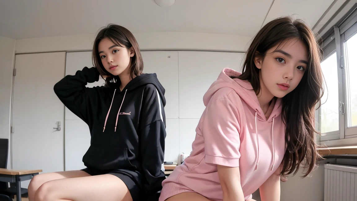 deux femmes ensemble de 18 ans sexy et mince , pink short sleeve hoodie , salle de classe, se touche,position sey,sensuel