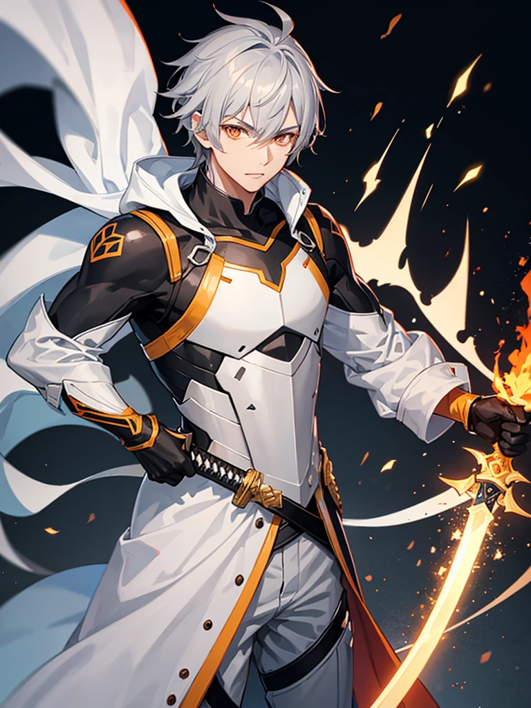 Male character with gray hair and orange eyes with sword