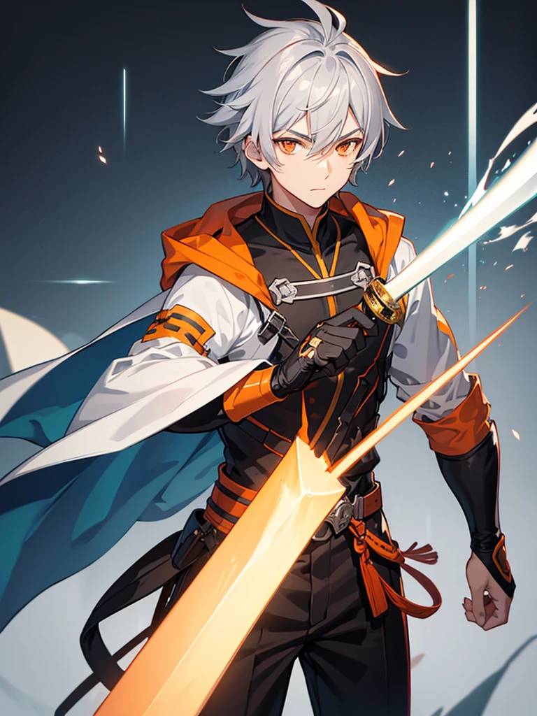 Male character with gray hair and orange eyes with sword 