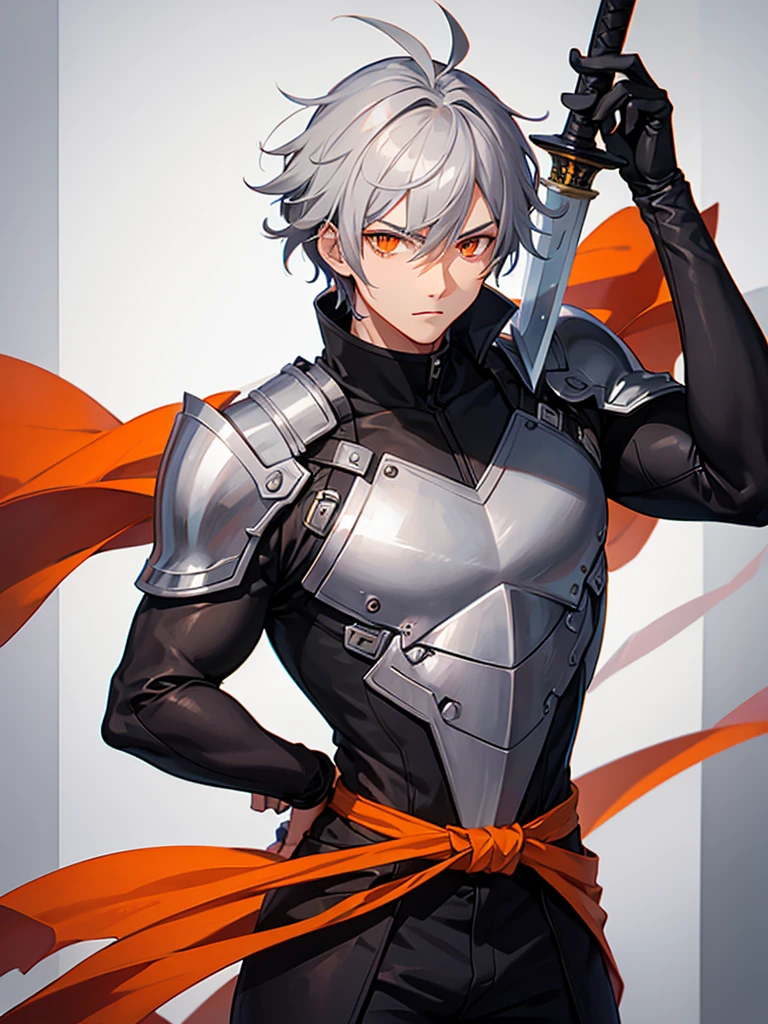 Male character with gray hair and orange eyes with sword 