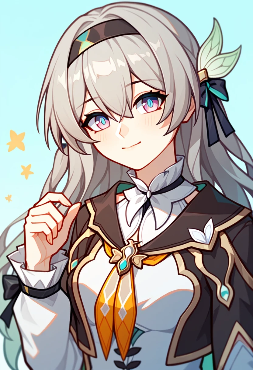 firefly_\(honkai:_star_rail\), 1girl, black_hairband, grey_hair, long_hair, purple_eyes, black_jacket, long_sleeves, hair_between_eyes, white_shirt, very_long_hair